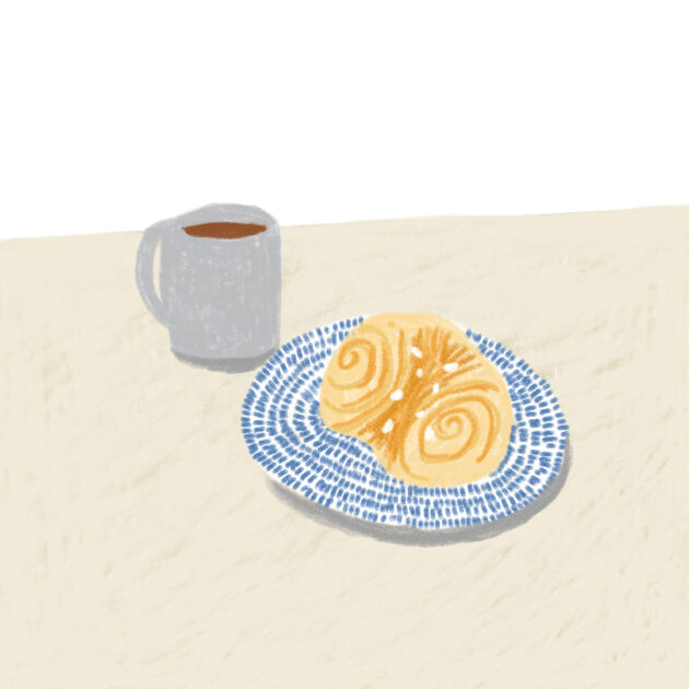 テーブルの上にあるシナモンロールとコーヒーのイラスト